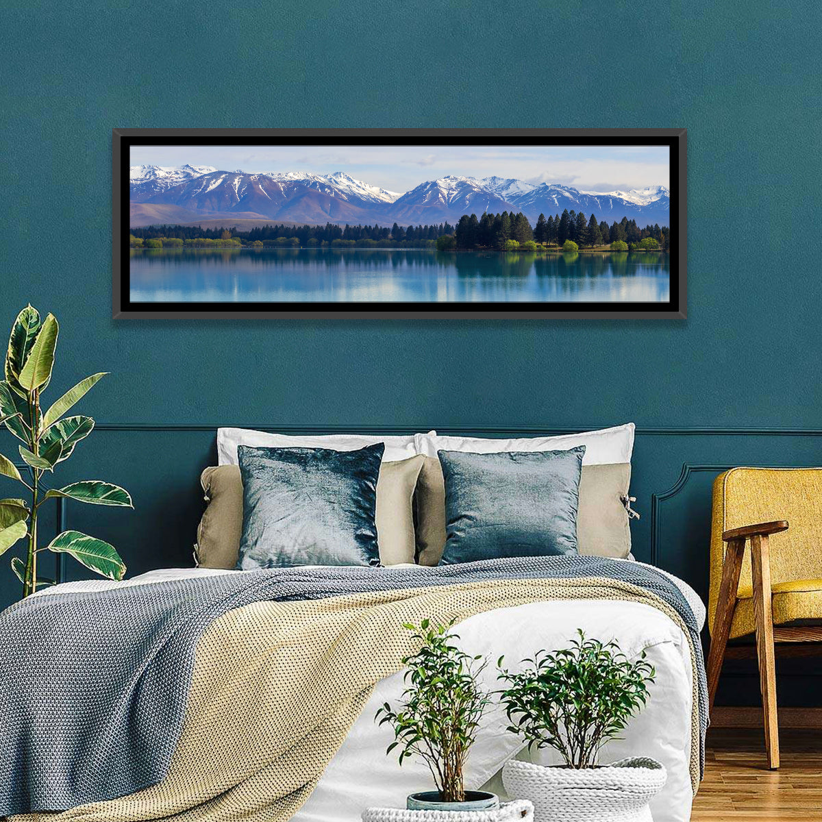 Lake Ruataniwha Reflection Wall Art in a room, panoramic