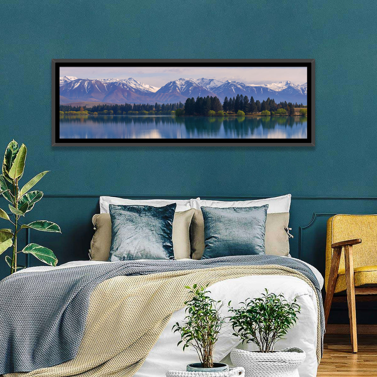 Ruataniwha Lake Reflection Wall Art in a room, panoramic