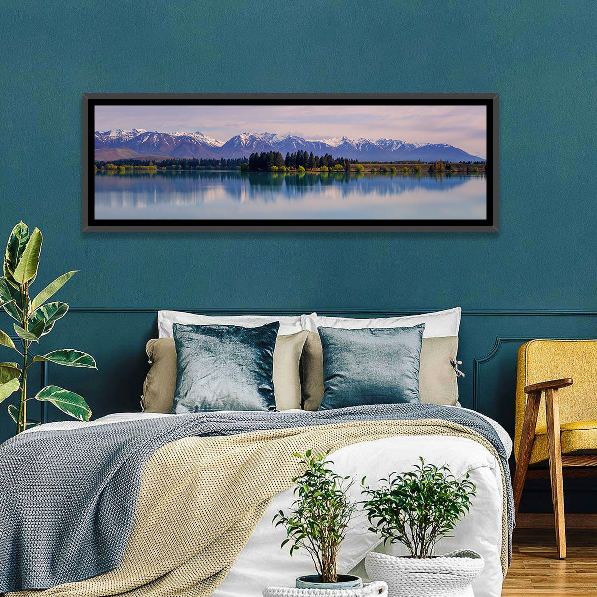 Lake Ruataniwha Reflection Wall Art in a room, panoramic