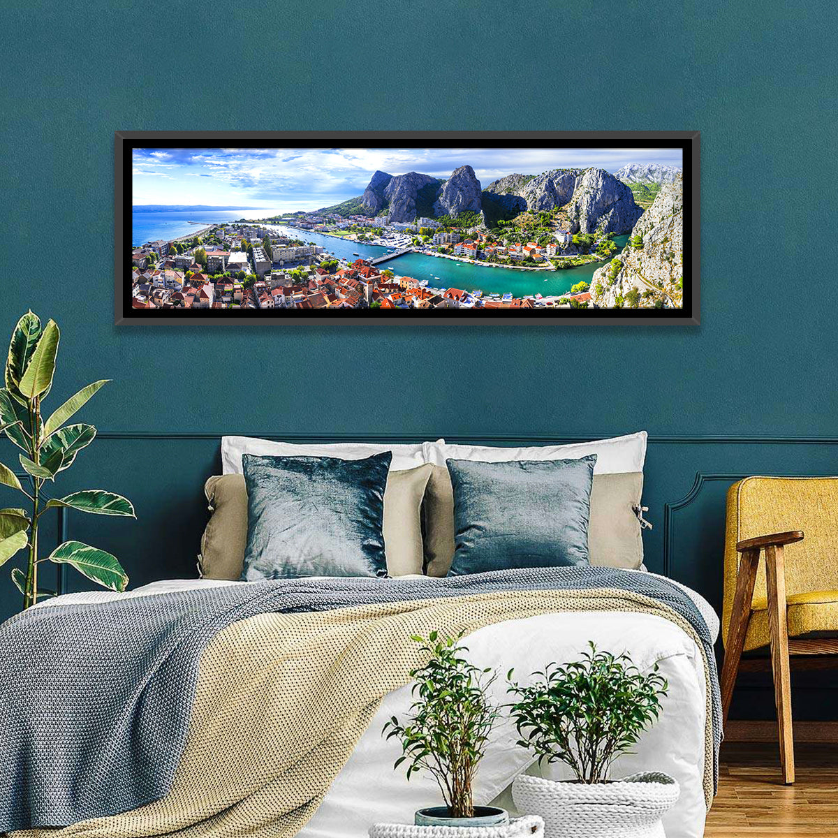 Omiš Cetina River Mouth Canyon View Wall Art in a room, panoramic