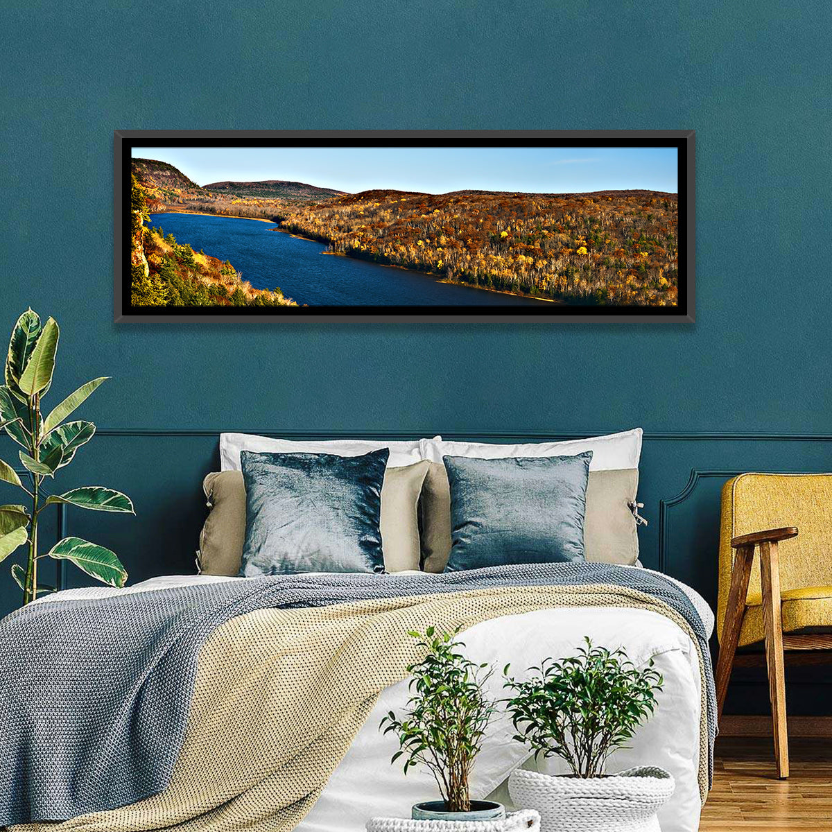 Lake of the Clouds Golden Hour Wall Art in a room, panoramic
