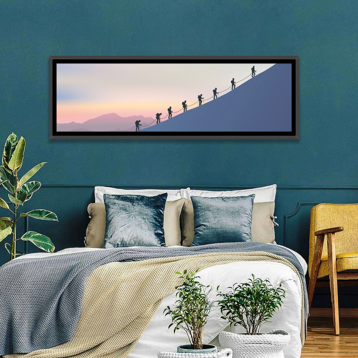 Eight Mountaineers at Dawn Wall Art in a room, panoramic