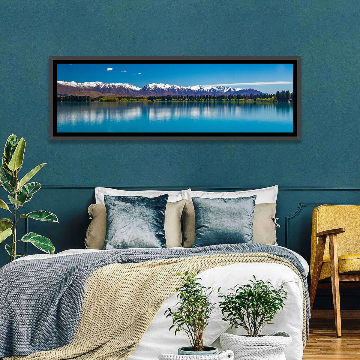 Lake Ruataniwha Reflection Wall Art in a room, panoramic