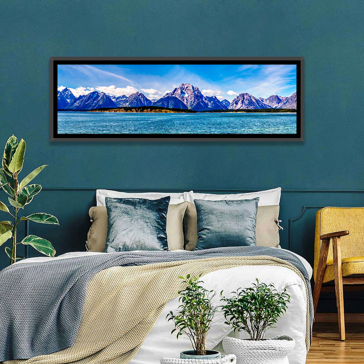Mount Moran Over Jackson Lake Wall Art in a room, panoramic
