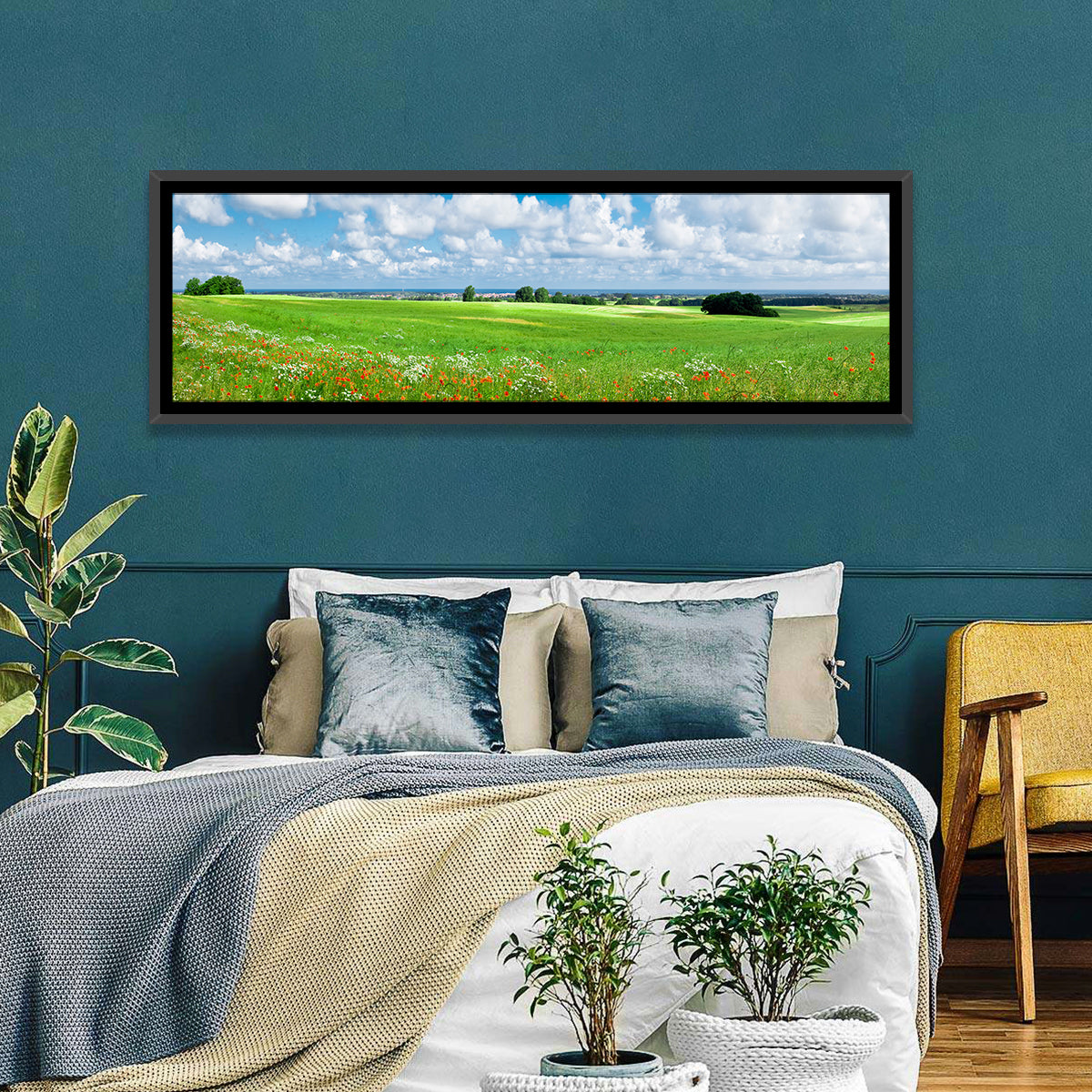 Summer Meadow with Poppies Wall Art in a room, panoramic