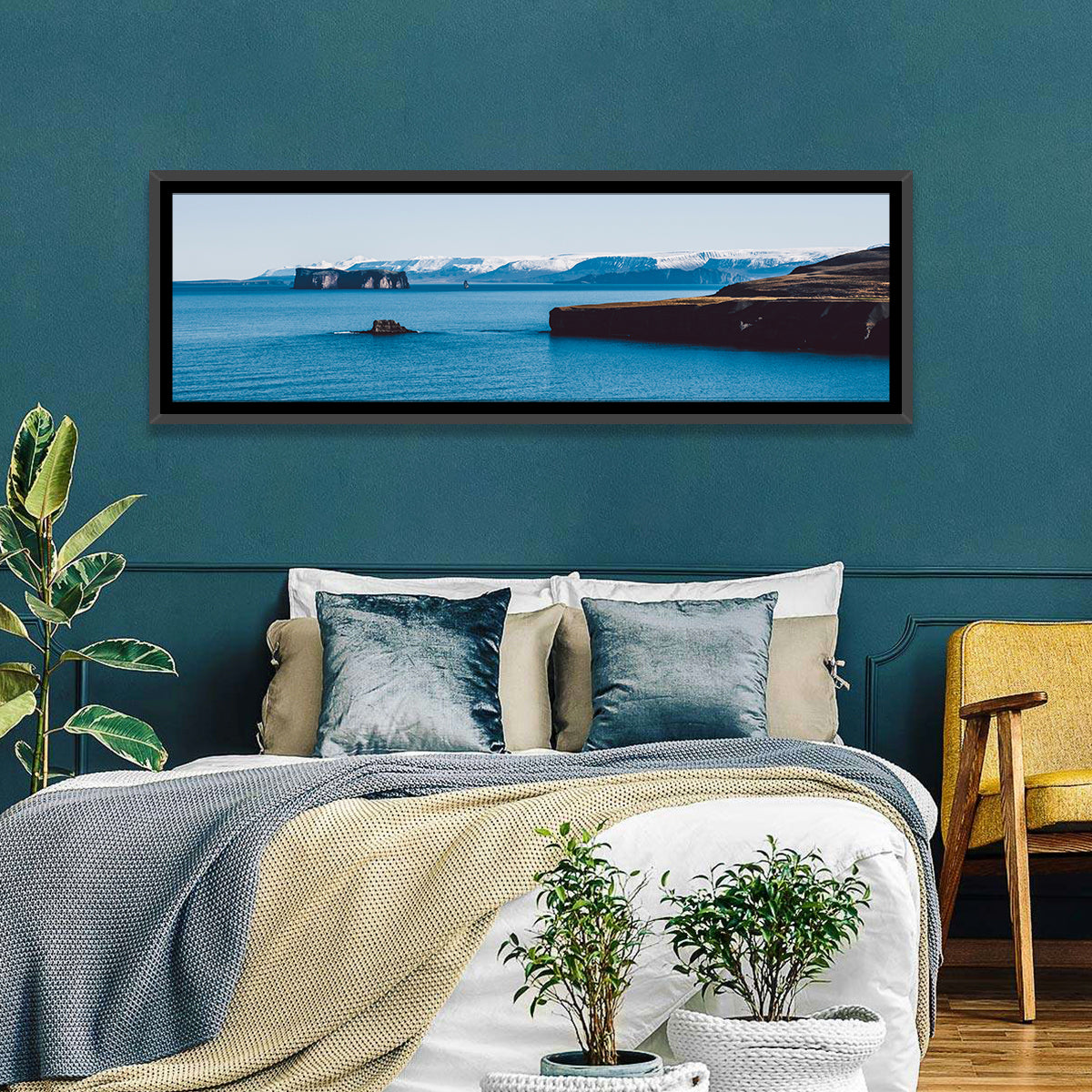 Calm Blue Lake with Coastal Cliffs Wall Art in a room, panoramic