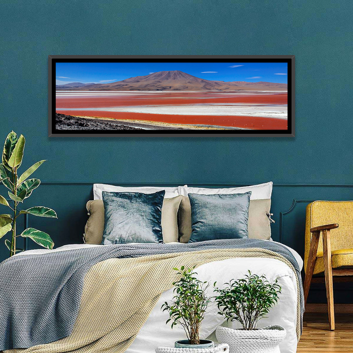 Laguna Colorada Red Lake Wall Art in a room, panoramic