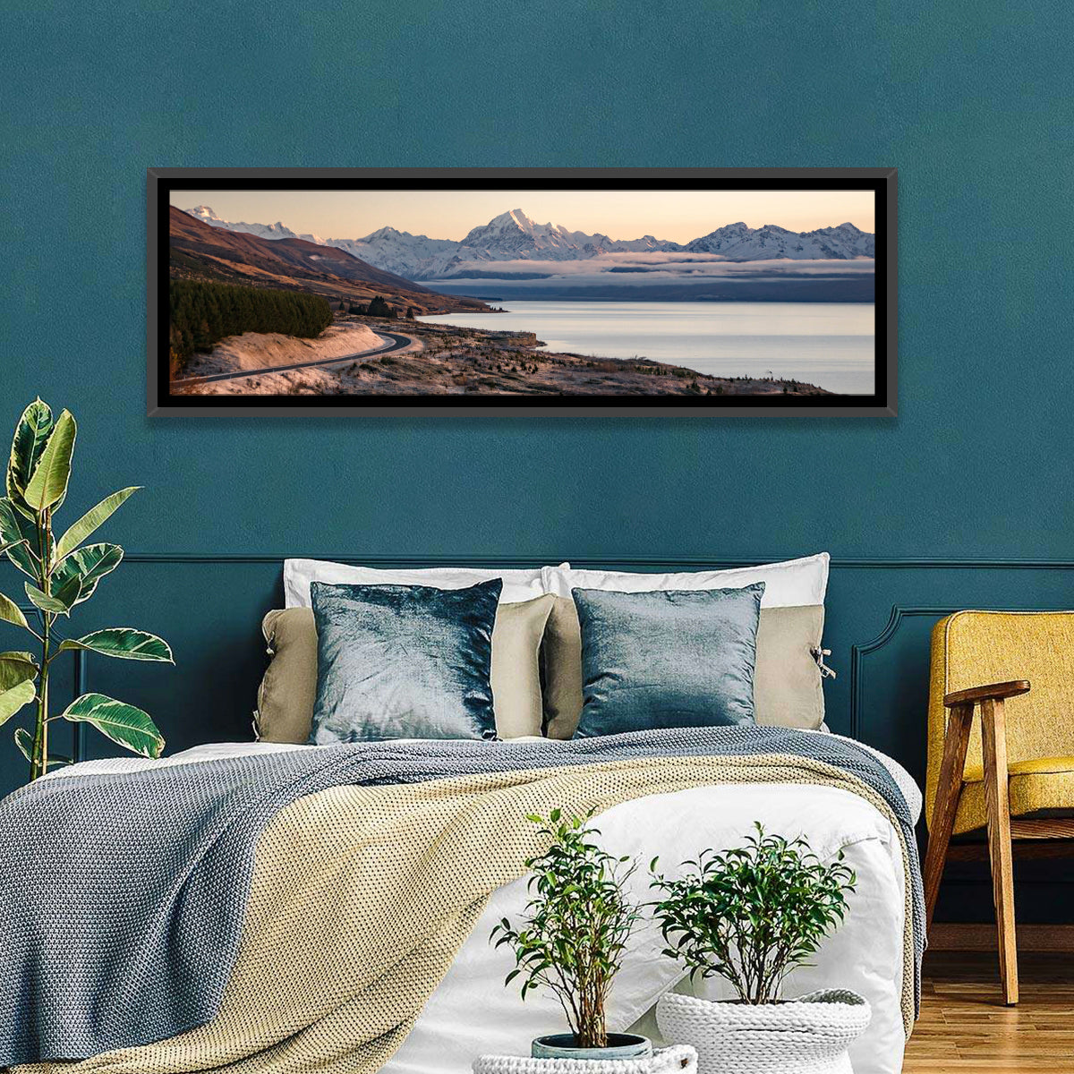 Mount Cook Over Lake Pukaki Wall Art in a room, panoramic