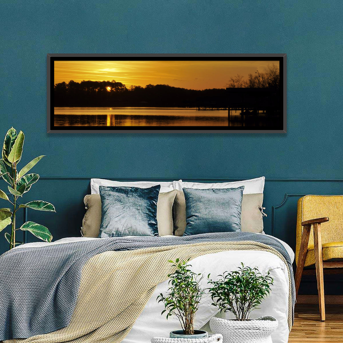 Lake Weiss Sunset Reflection Wall Art in a room, panoramic