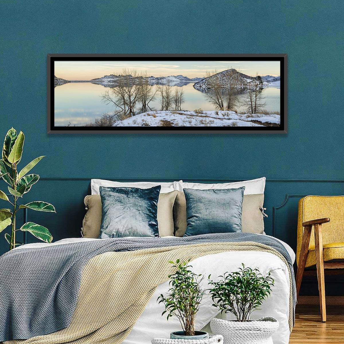 Horsetooth Reservoir Frozen Reflection Wall Art in a room, panoramic