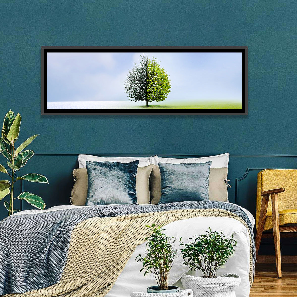 Winter to Spring Tree Wall Art in a room, panoramic