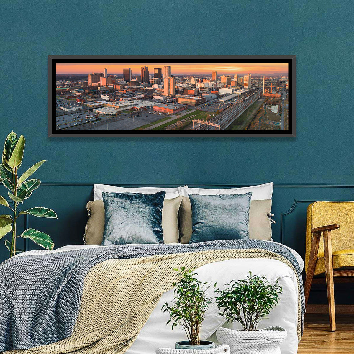 Birmingham Golden Hour Skyline Wall Art in a room, panoramic