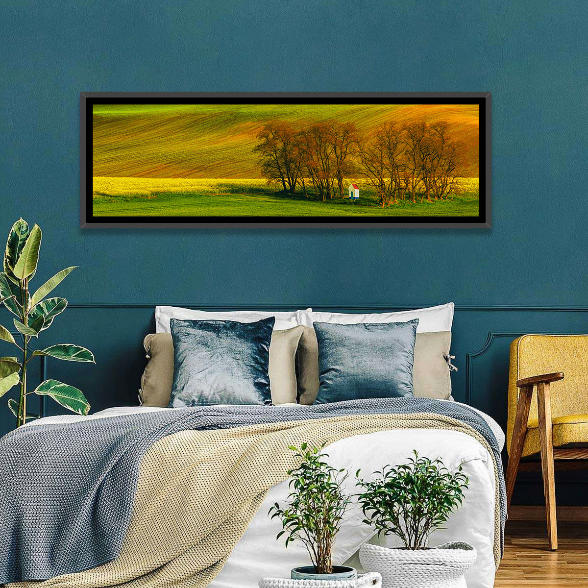 Moravian Wheat Fields with Chapel Wall Art in a room, panoramic