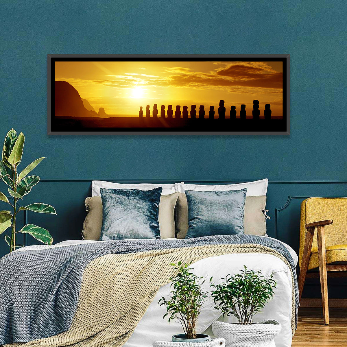 Easter Island Moai at Sunset Wall Art in a room, panoramic