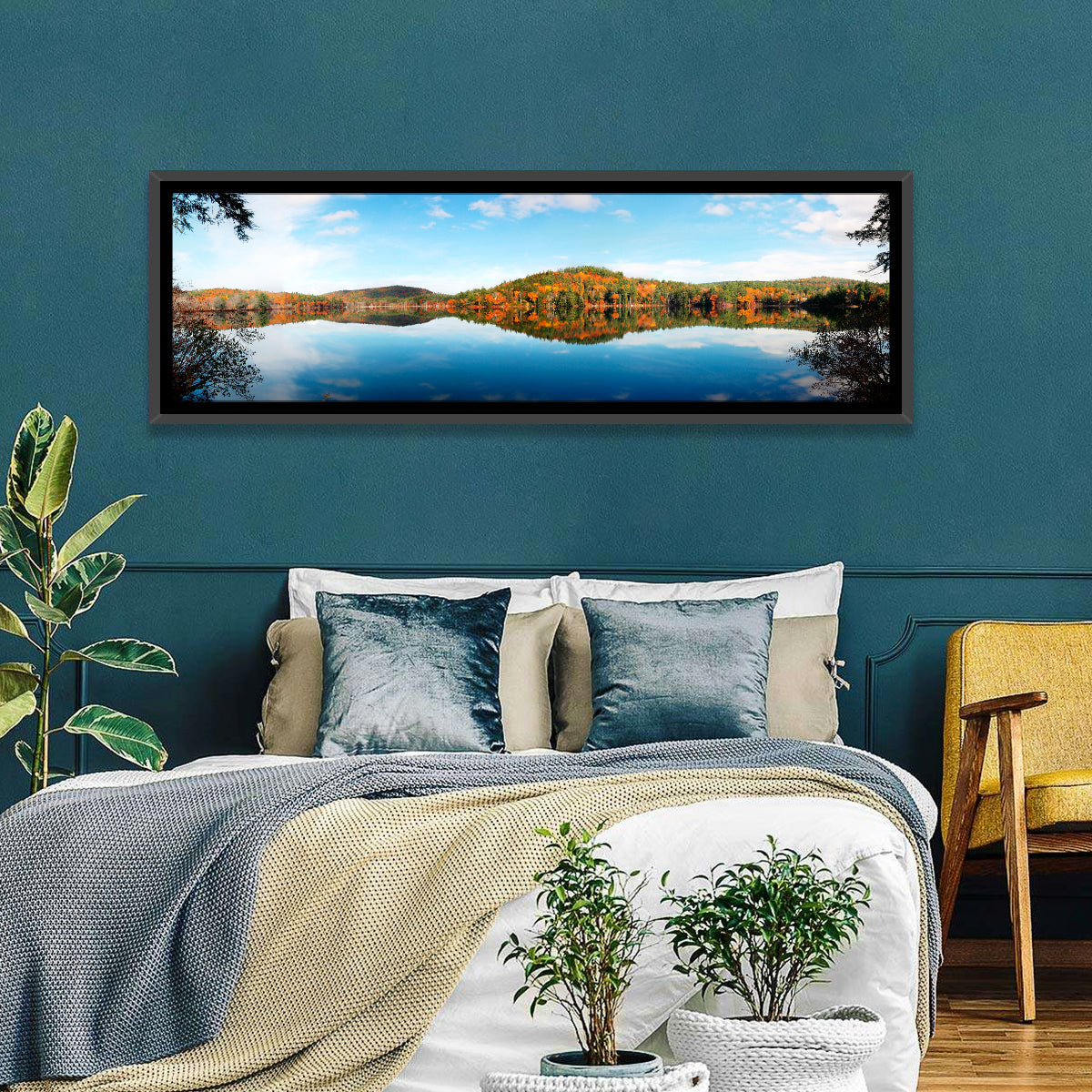 Vermont Lake Reflection Wall Art in a room, panoramic