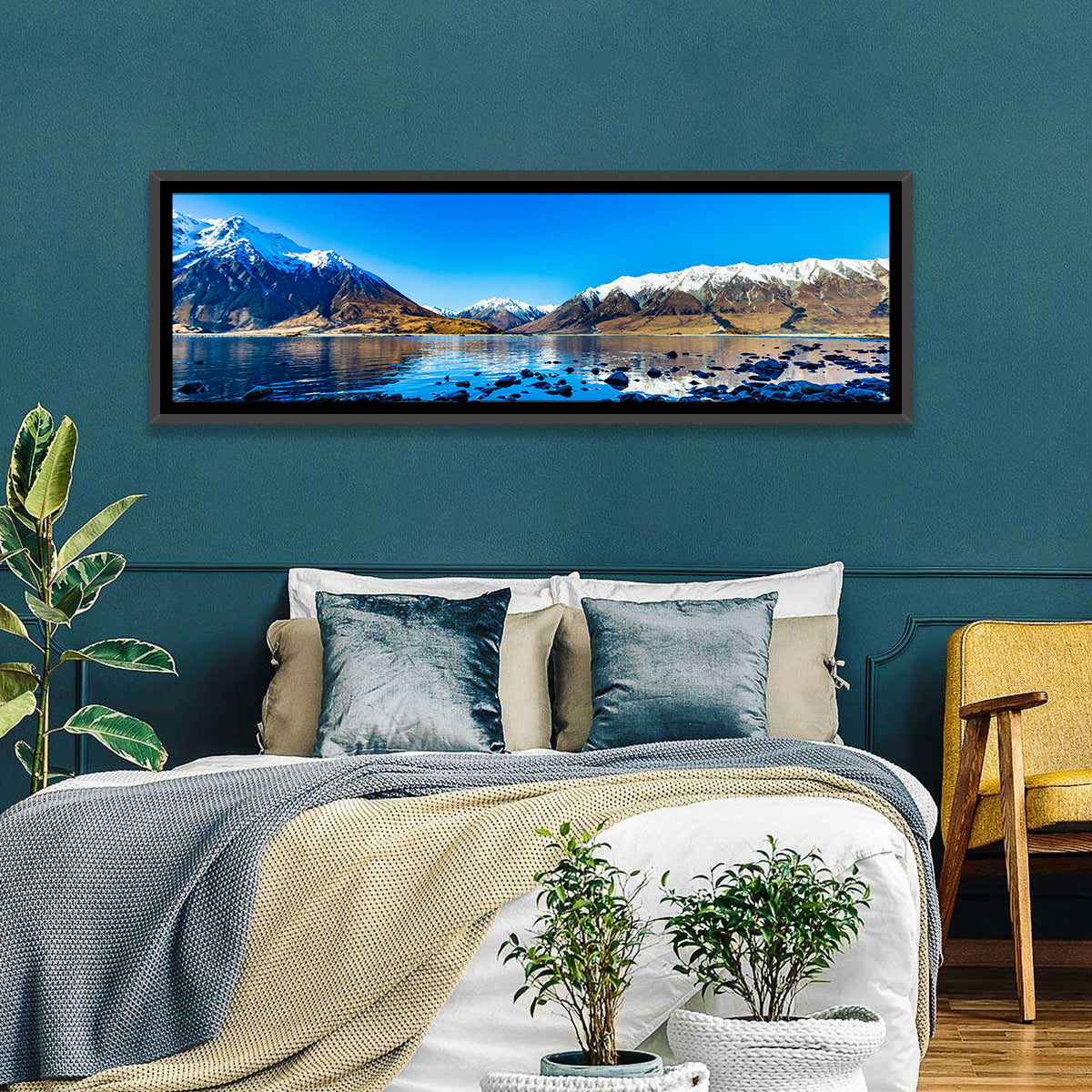 Lake Ohau Mountain Reflection Wall Art in a room, panoramic