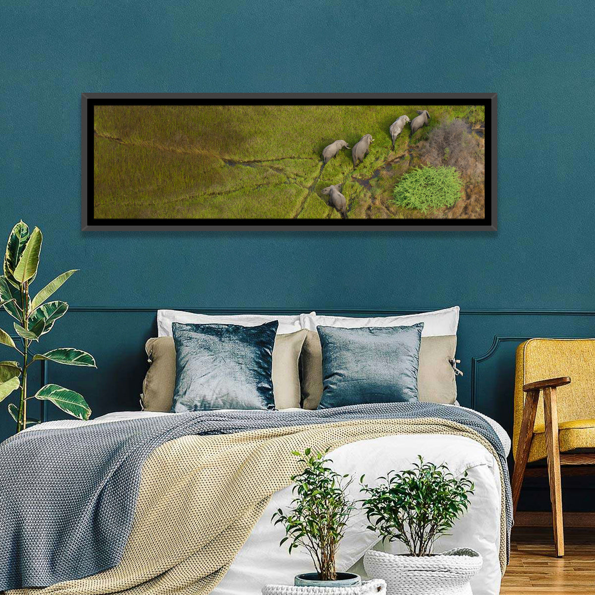 Aerial Herd of Elephants Wall Art in a room, panoramic