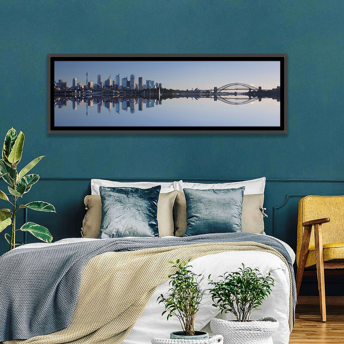 Sydney Harbour Reflection Wall Art in a room, panoramic