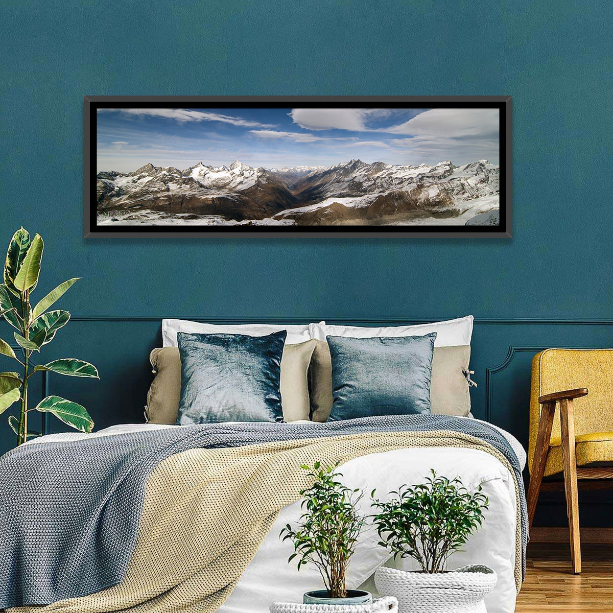 Snow-capped Peaks of Zermatt Wall Art in a room, panoramic