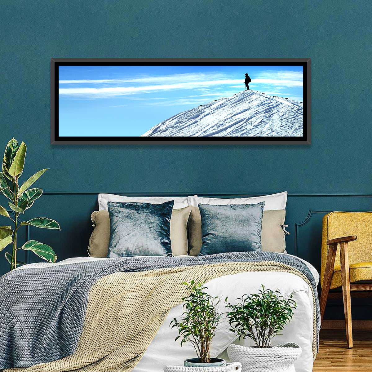 Mountaineer Summit Silhouette Wall Art in a room, panoramic