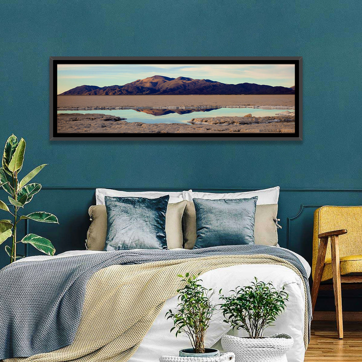 Salinas Grande Salt Flat Reflection Wall Art in a room, panoramic