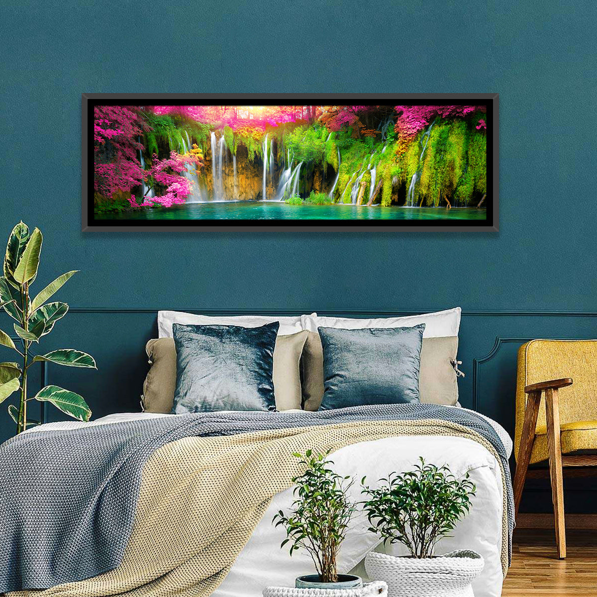 Plitvice Falls in Golden Light Wall Art in a room, panoramic