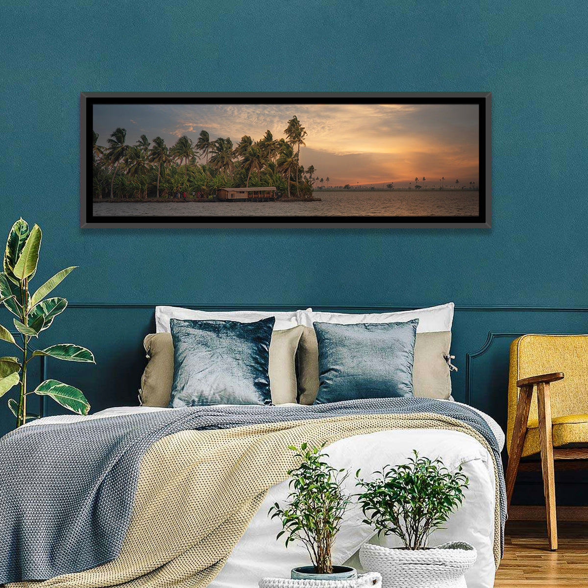 Vembanad Lake Sunset Wall Art in a room, panoramic