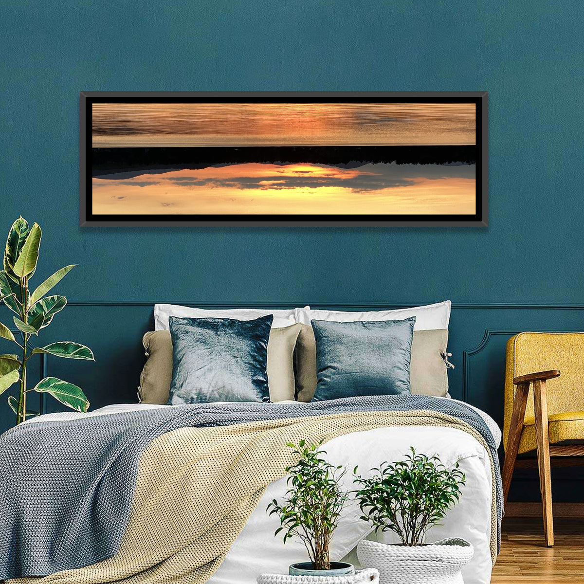 Lake Pleasant Golden Sunset Wall Art in a room, panoramic