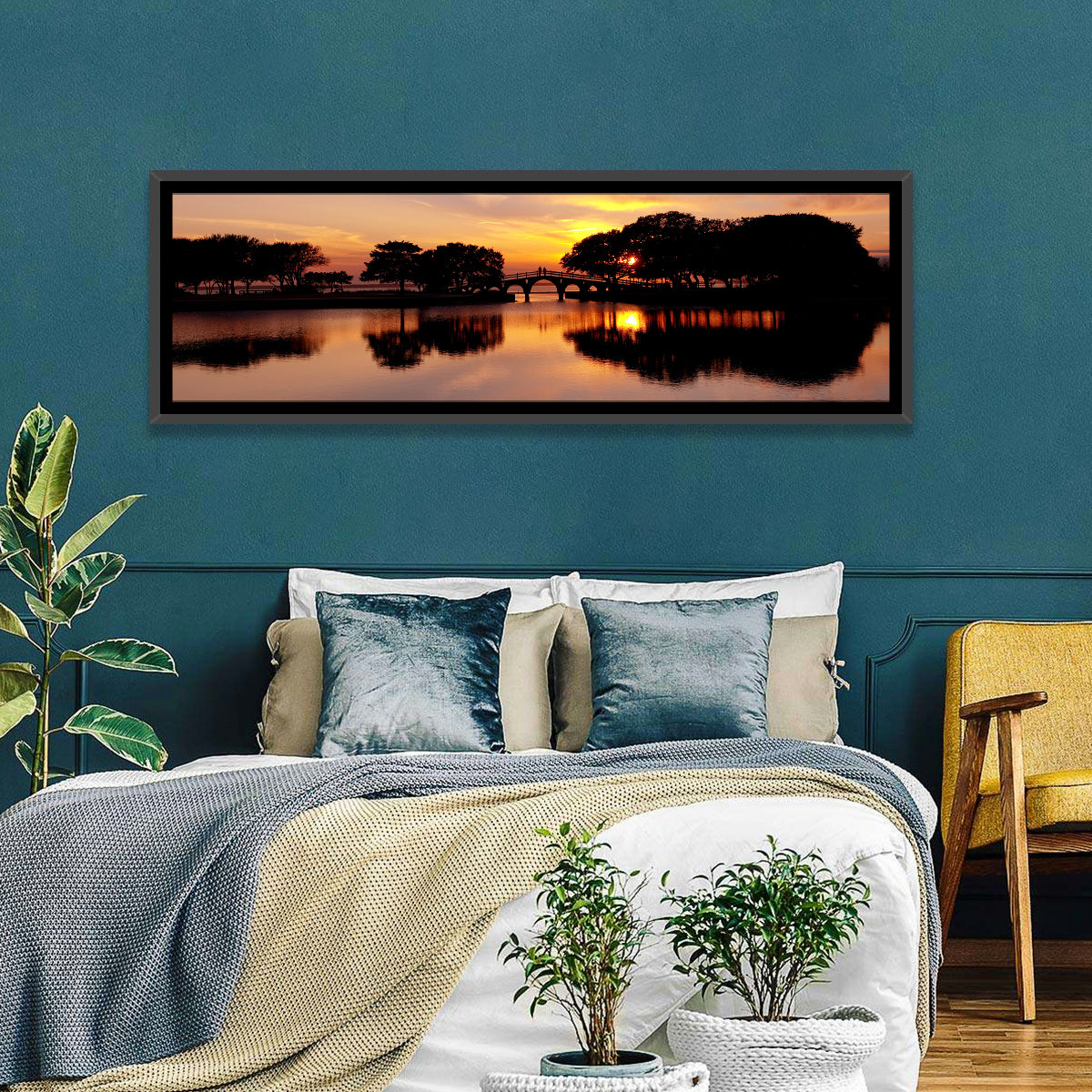 Tranquility Bridge at Sunset Wall Art in a room, panoramic