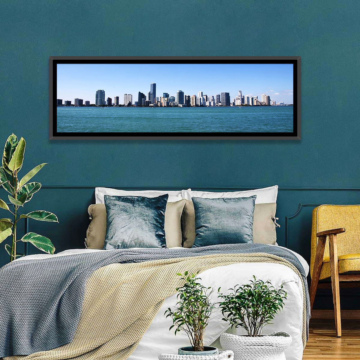 Miami Skyline Over Calm Blue Water Wall Art in a room, panoramic