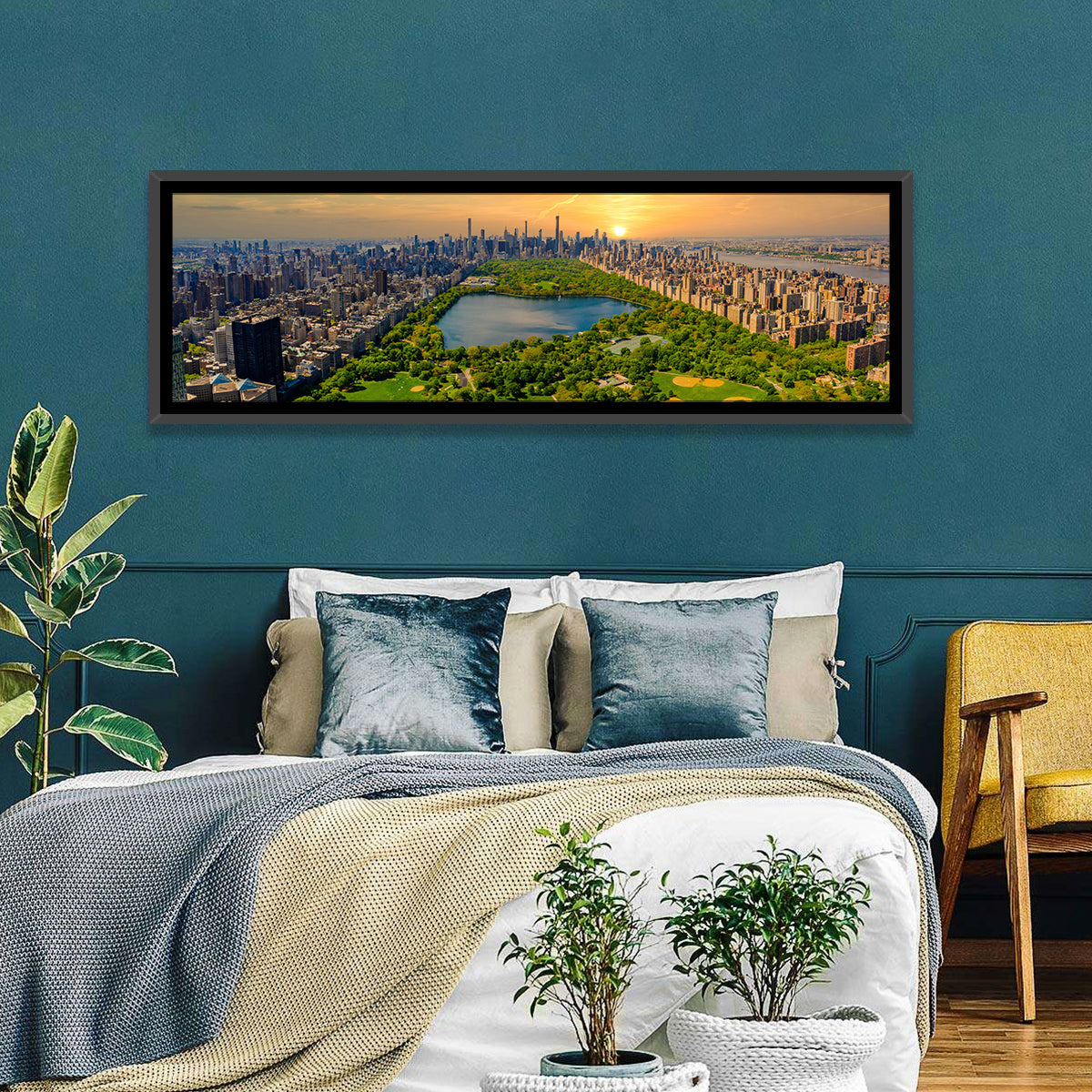 Central Park Reservoir at Dusk Wall Art in a room, panoramic