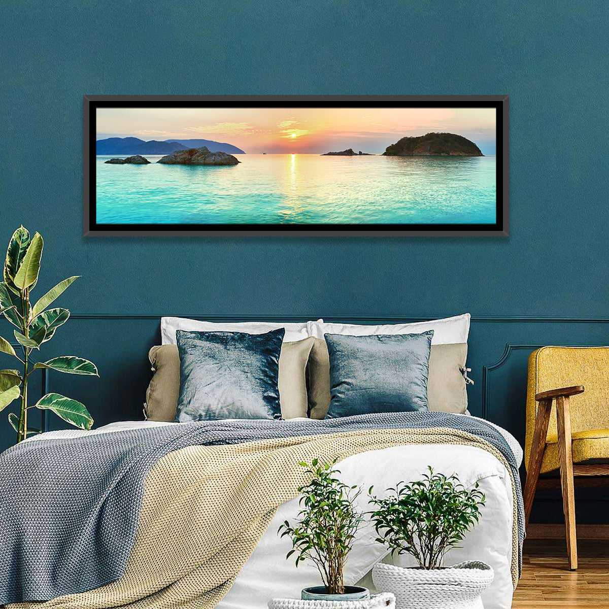 Con Dao Sunrise Over Turquoise Sea Wall Art in a room, panoramic
