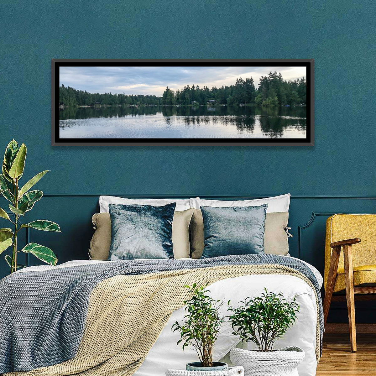 Beaver Lake Park Sunrise Reflection Wall Art in a room, panoramic