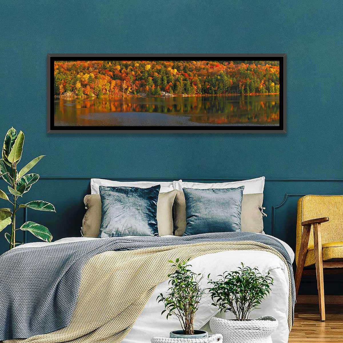George Lake Morning Reflection Wall Art in a room, panoramic