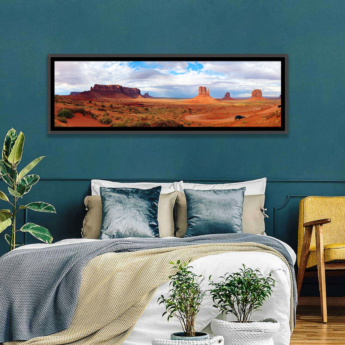 Mitten Buttes at Monument Valley Wall Art in a room, panoramic