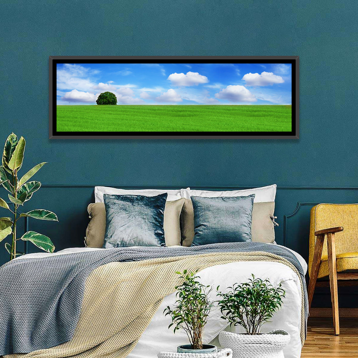 Solitary Tree Over Green Meadow Wall Art in a room, panoramic