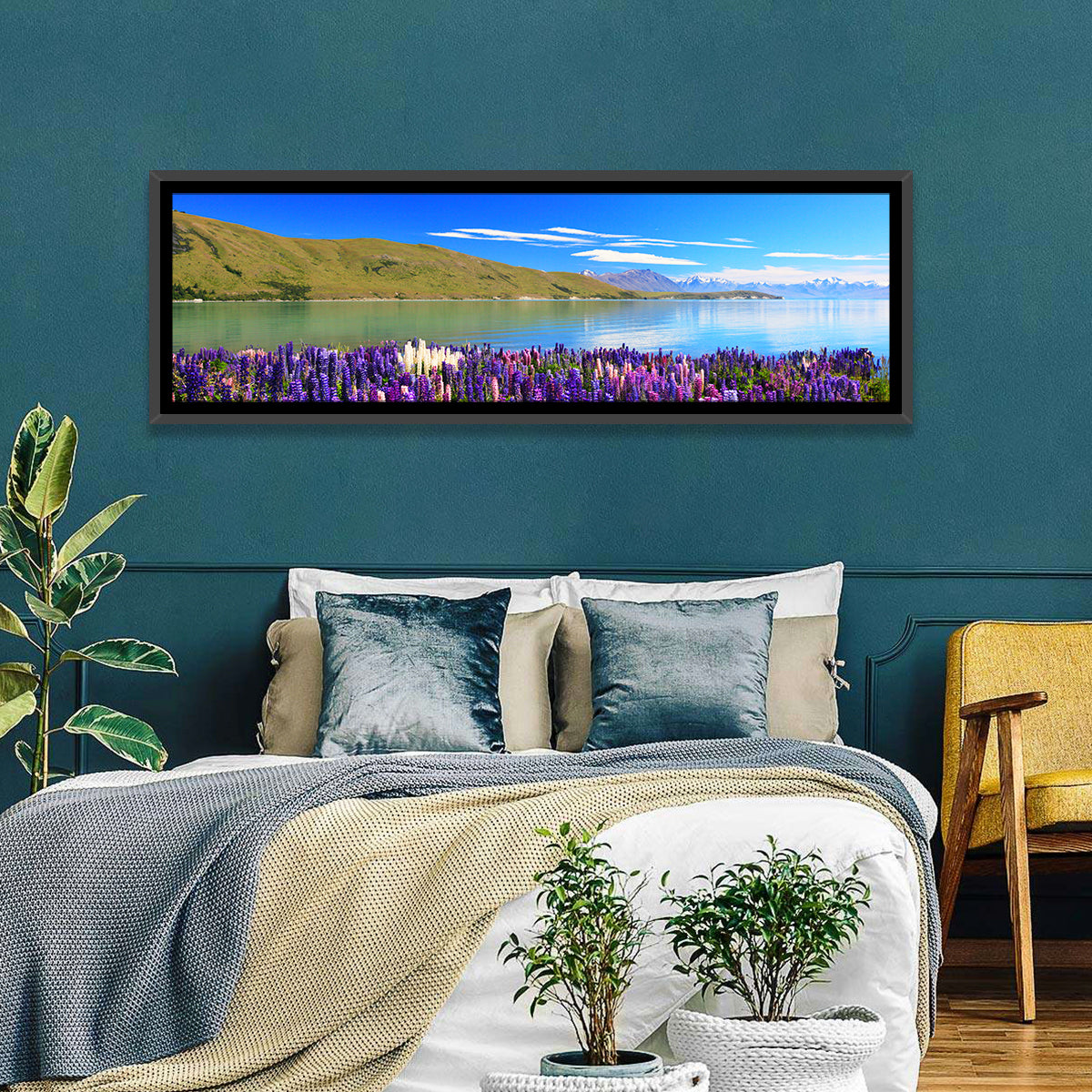 Lake Tekapo Lupine Fields Wall Art in a room, panoramic
