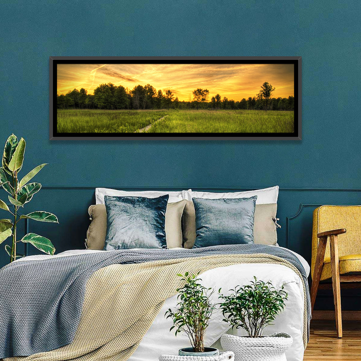 Irwin Prairie Boardwalk Sunset Wall Art in a room, panoramic