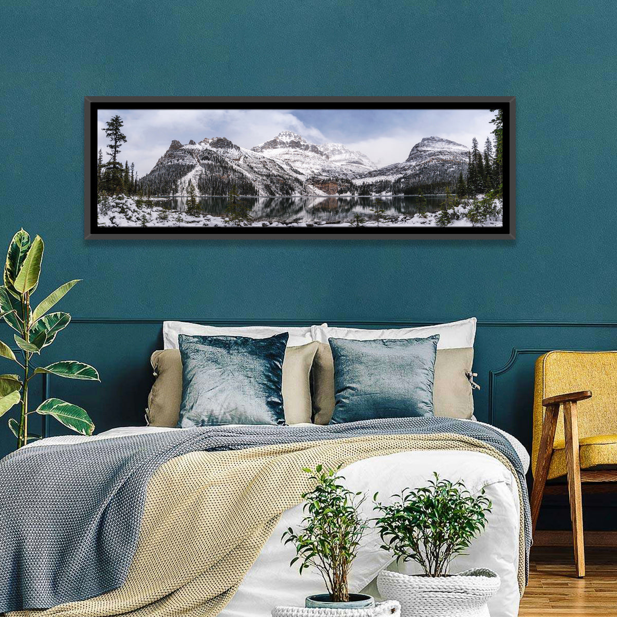 Lake O Hara Winter Reflection Wall Art in a room, panoramic