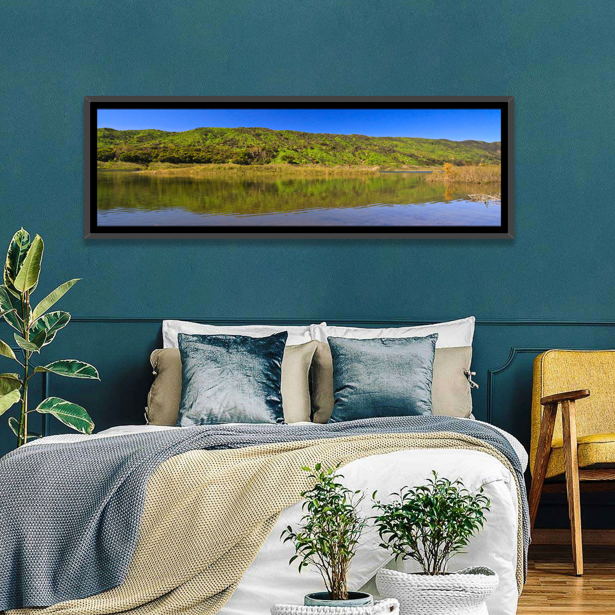 Santa Barbara Lake Reflection Wall Art in a room, panoramic