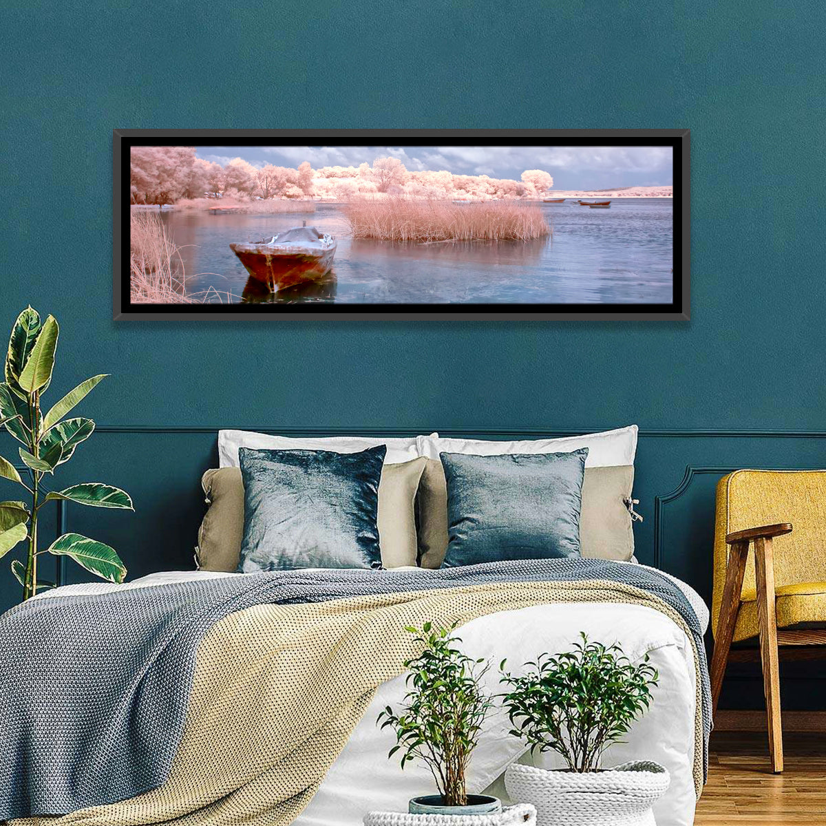 Golyazi Lake Boat Wall Art in a room, panoramic