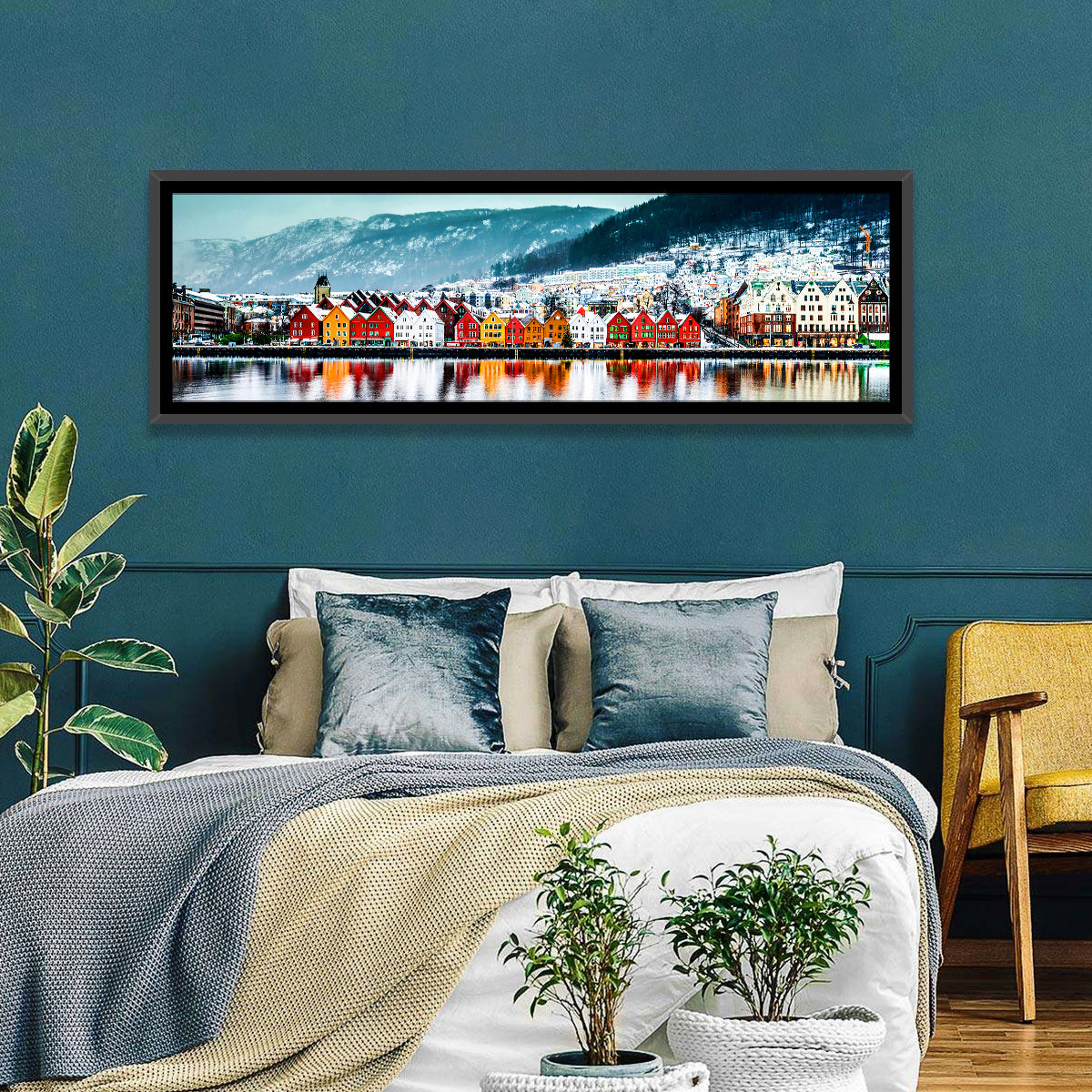 Bryggen Waterfront, Bergen Wall Art in a room, panoramic