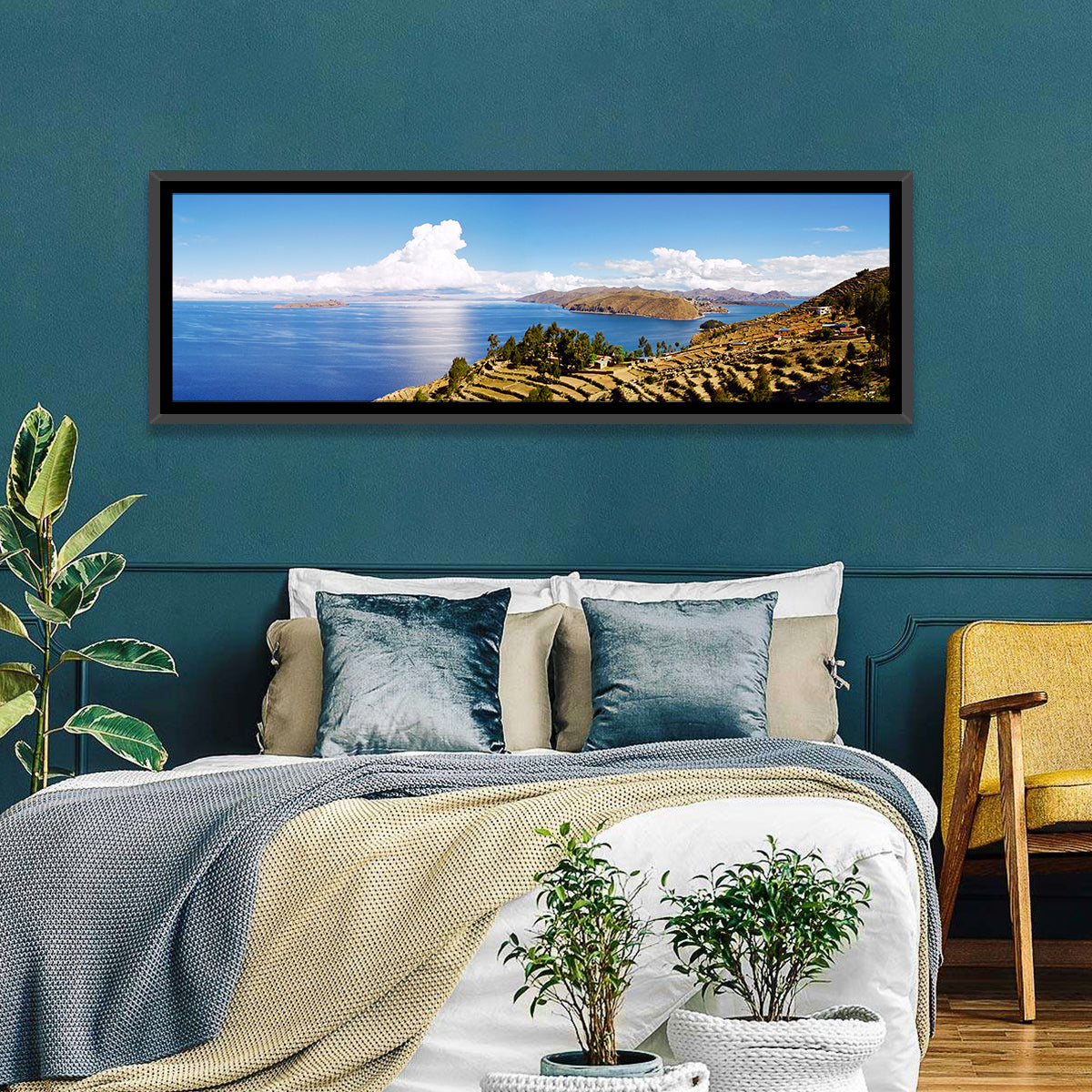 Titicaca Terraced Shoreline Wall Art in a room, panoramic