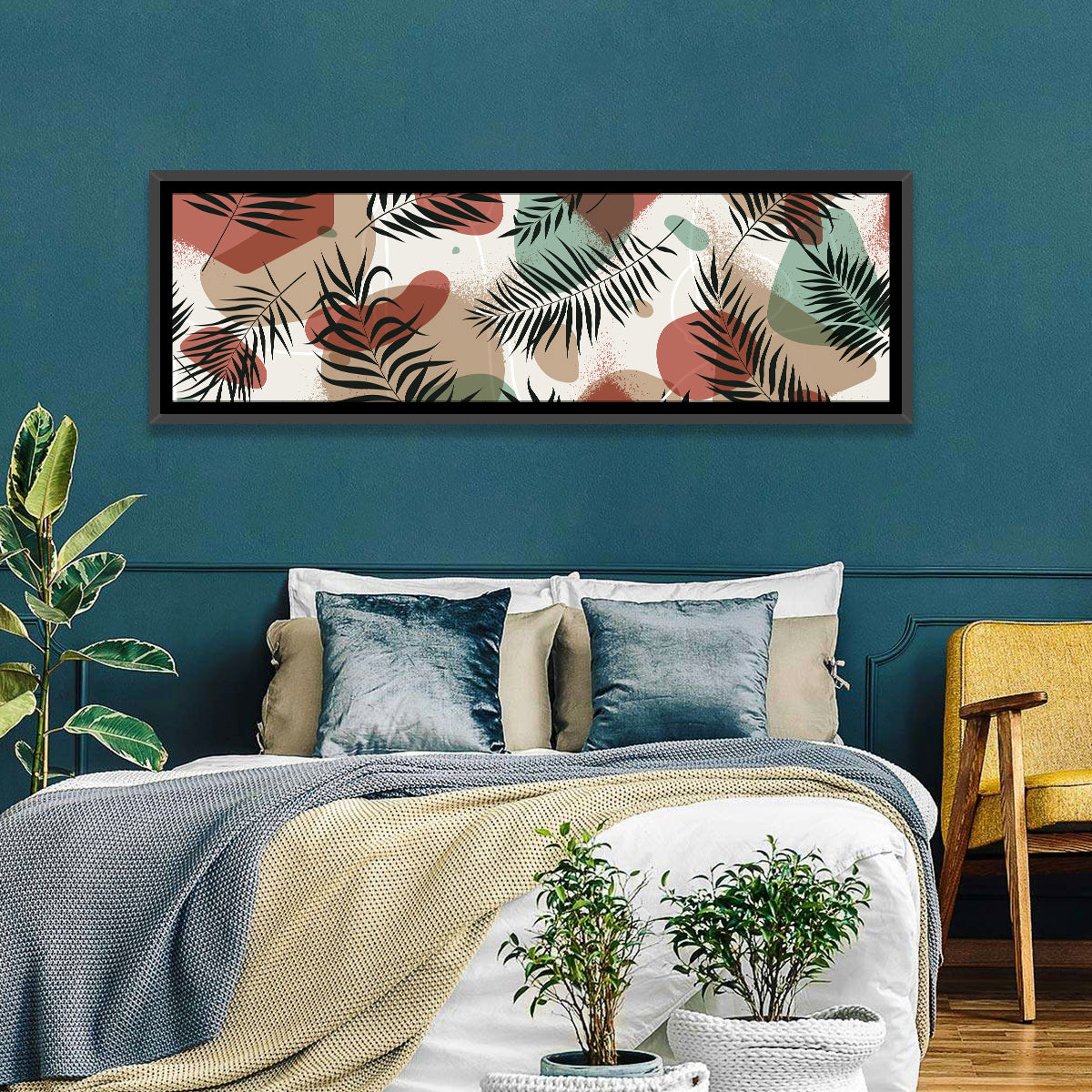Geometric Tropical Pattern Wall Art in a room, panoramic