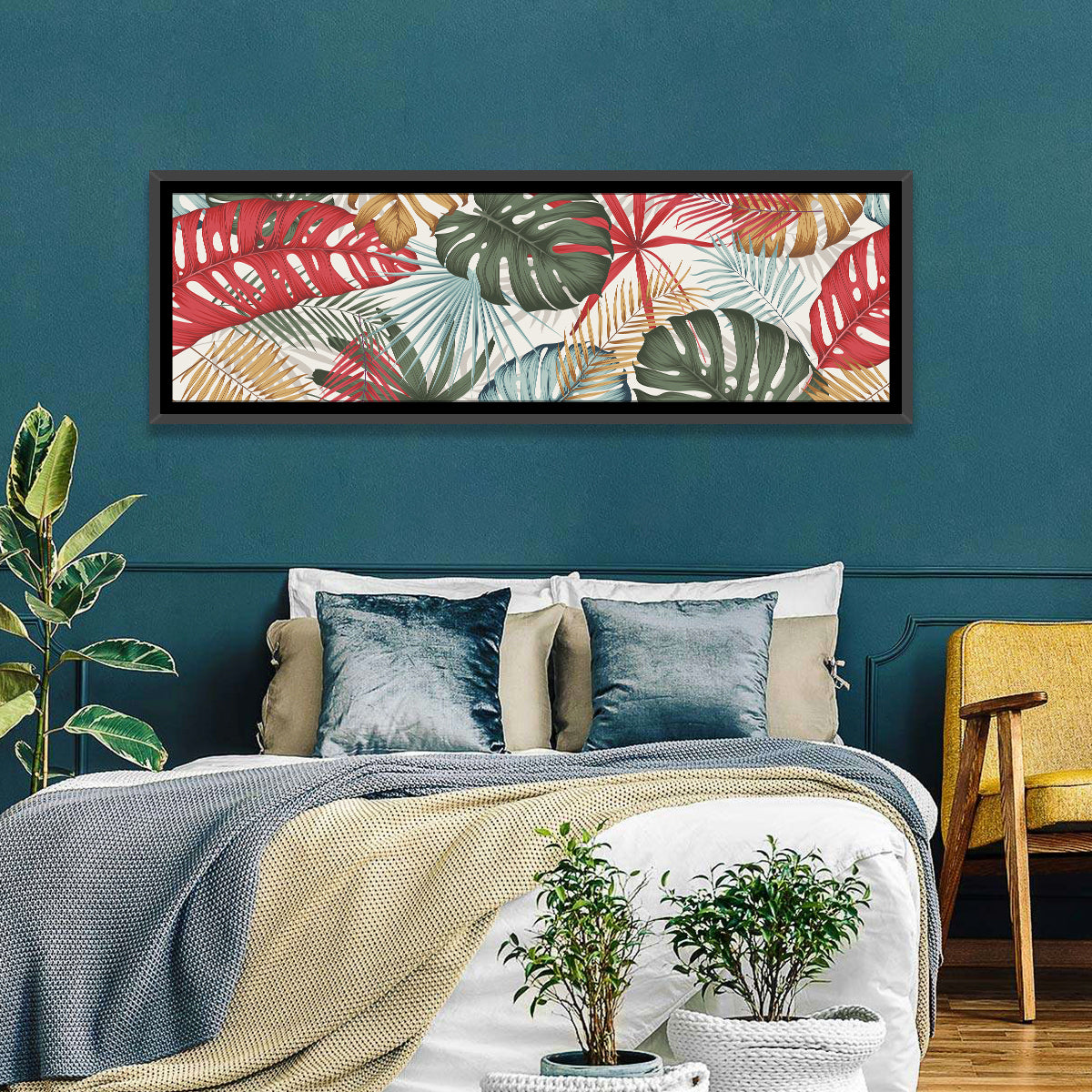 Red and Green Tropical Leaves Pattern Wall Art in a room, panoramic