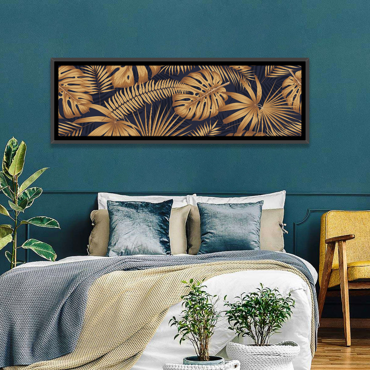 Golden Tropical Leaves Wall Art in a room, panoramic