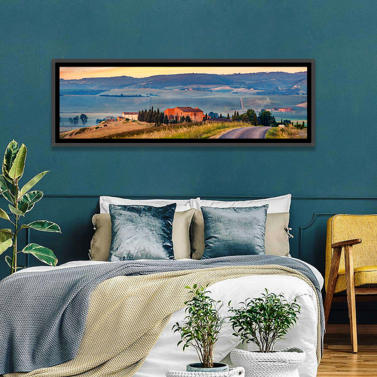Tuscan Country Road Wall Art in a room, panoramic