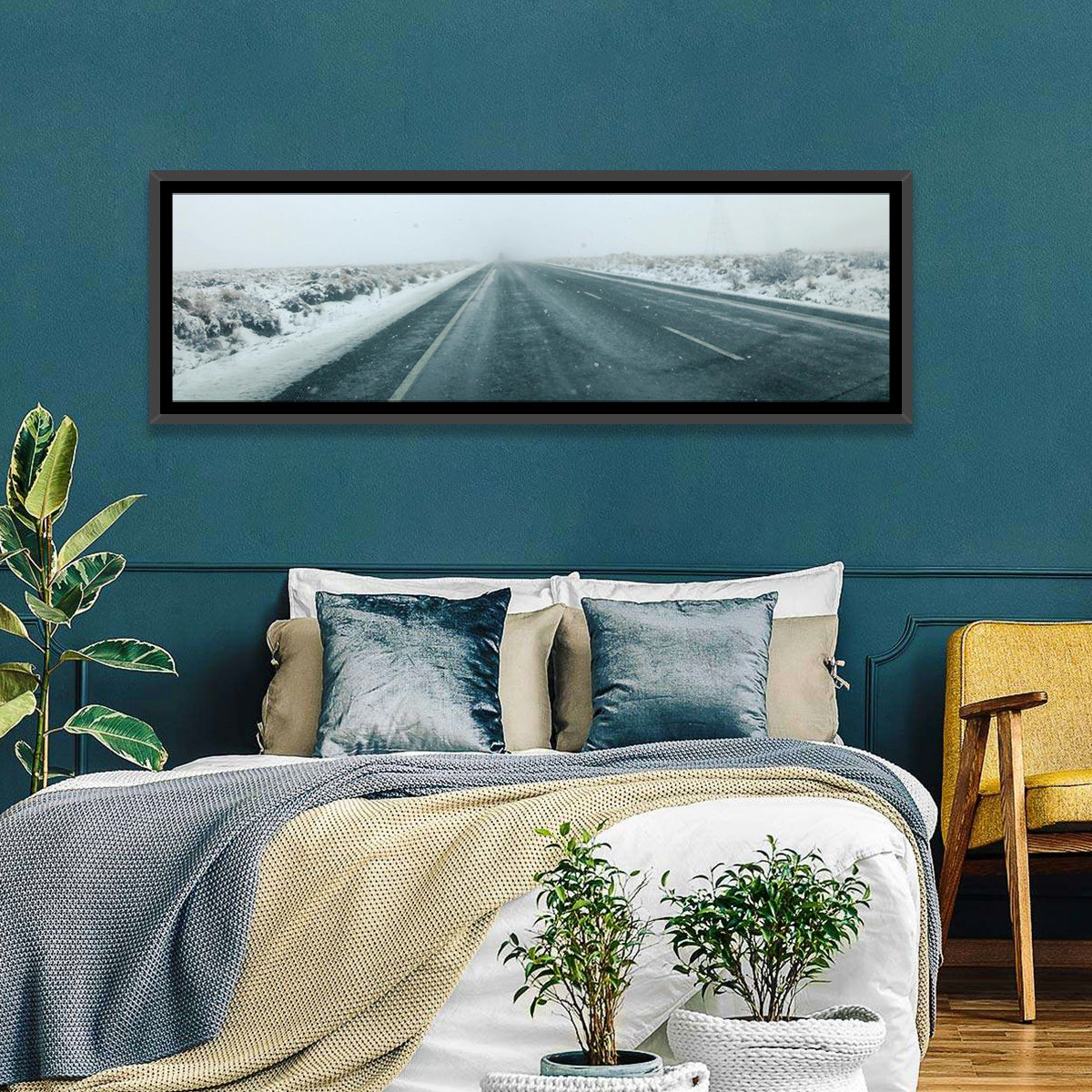 Foggy Winter Mountain Road Wall Art in a room, panoramic