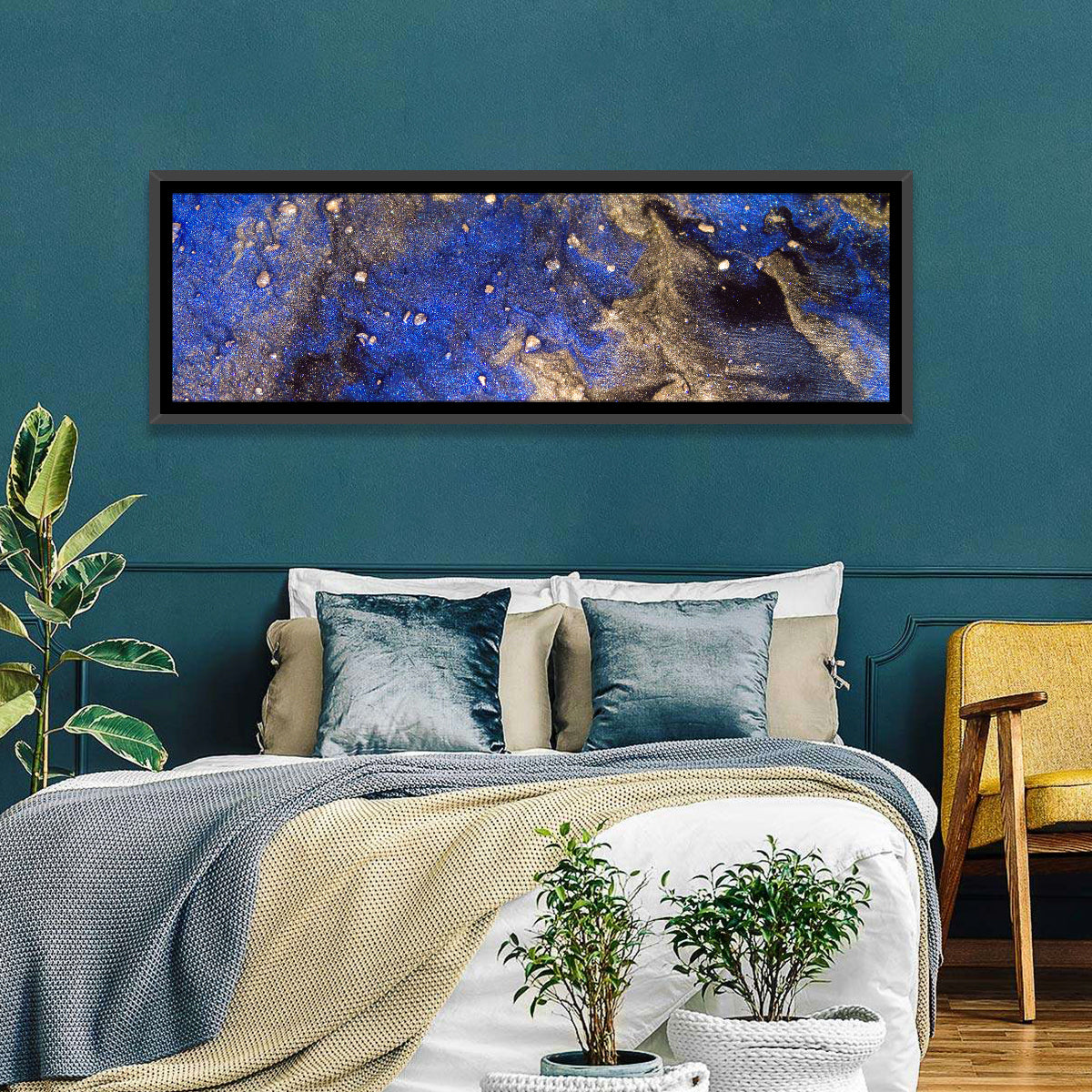 Blue Rush Abstract Wall Art in a room, panoramic