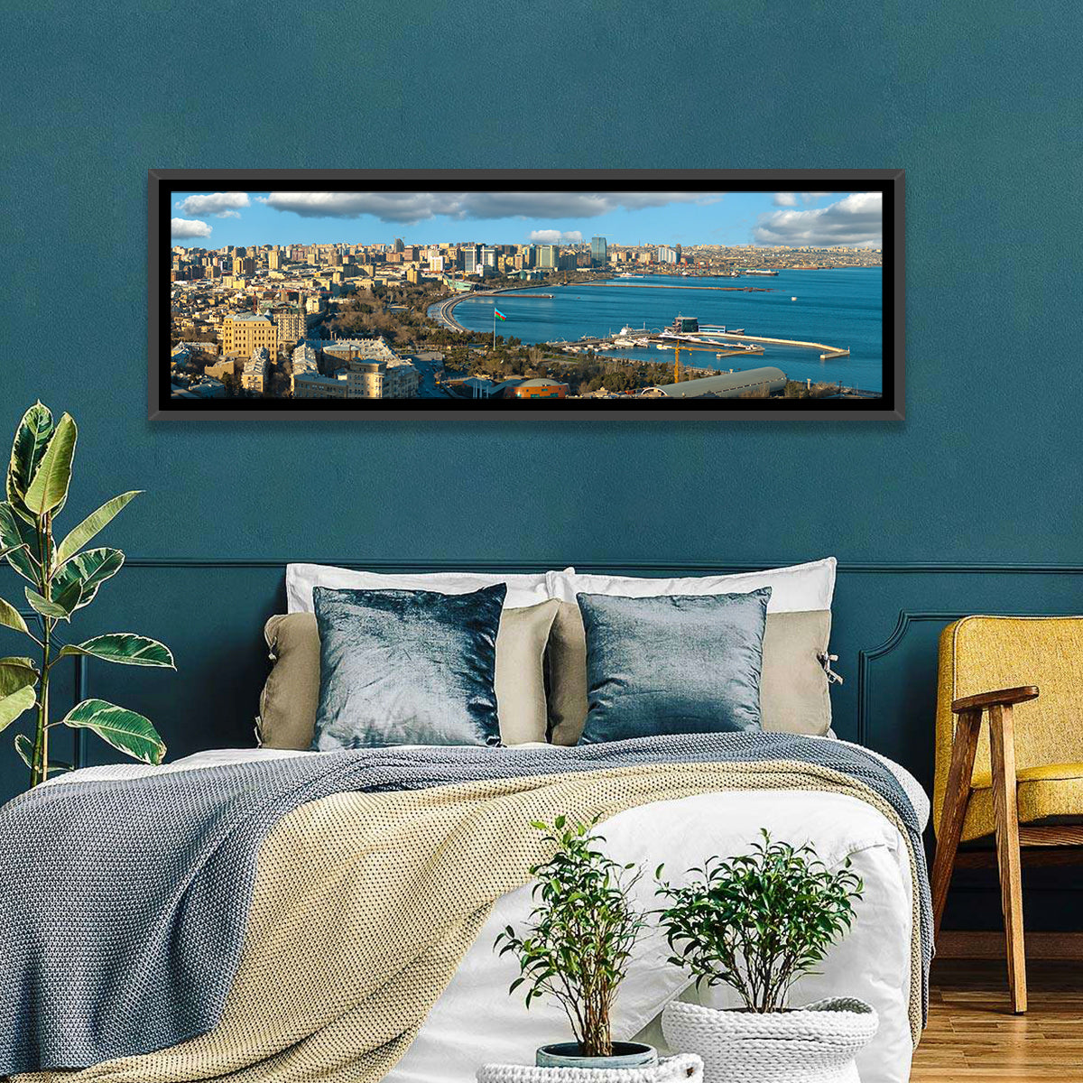 Baku Waterfront Skyline Wall Art in a room, panoramic